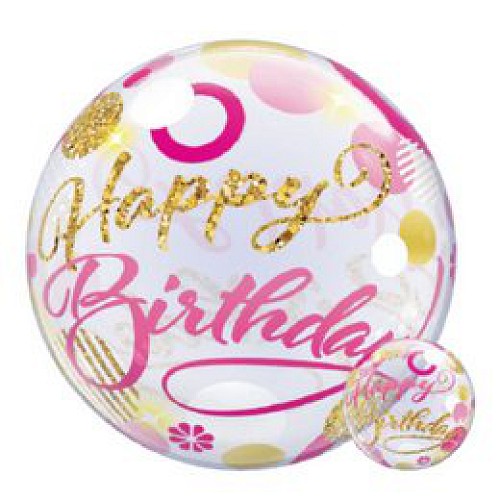 Happy Birthday Rózsaszín-arany Bubbles lufi