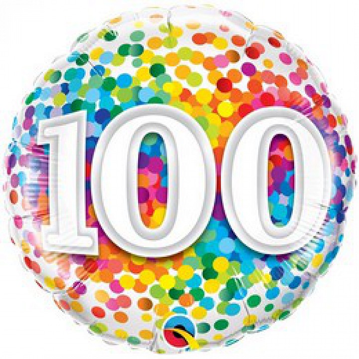 Rainbow Confetti 100. szülinapi fólia lufi