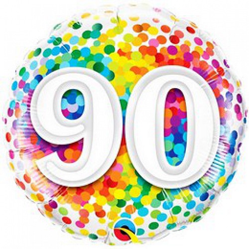 Rainbow Confetti 90. szülinapi fólia lufi